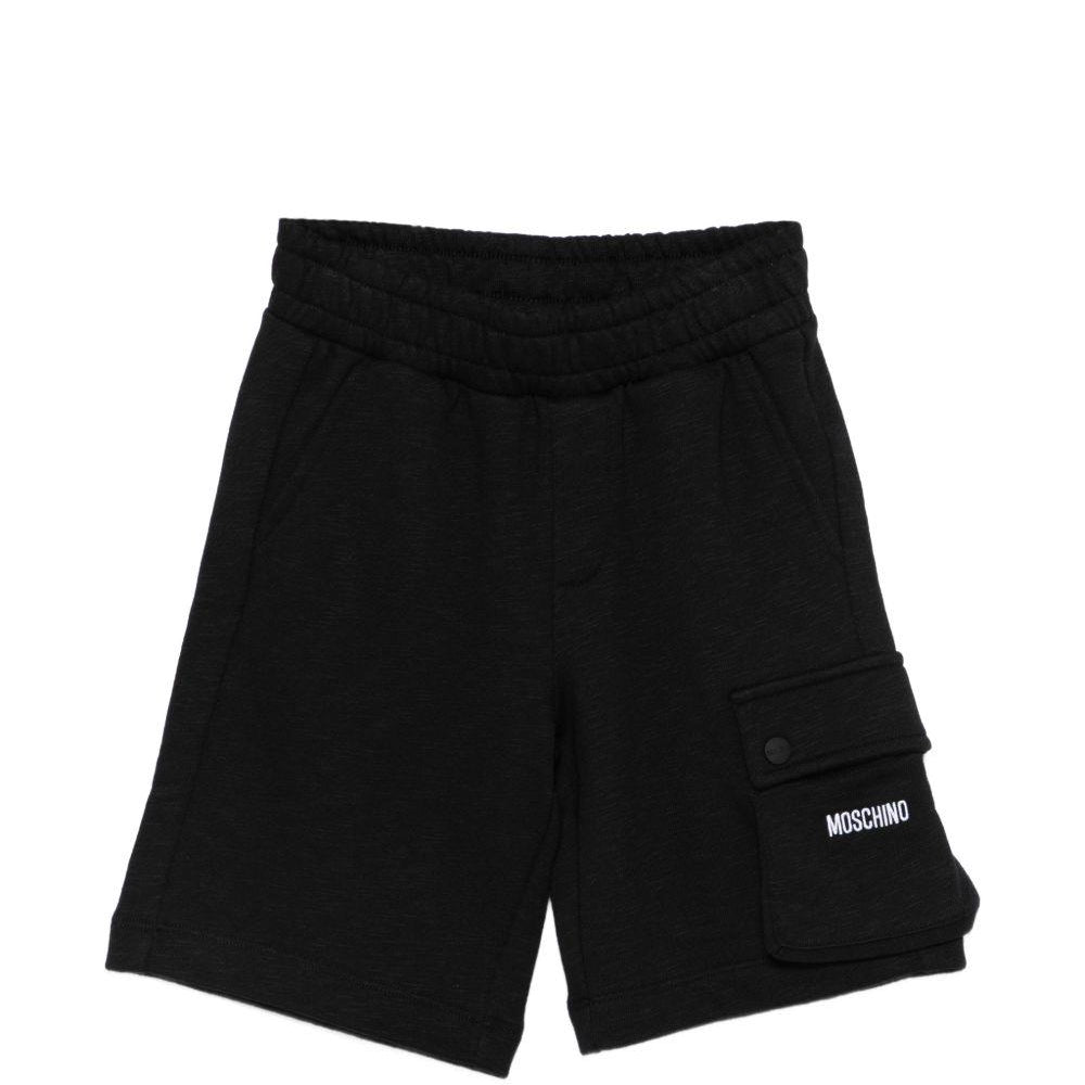 Shorts per bambino Moschino Kids neri con logo sul davanti HUQ02QLCA88 60100 MOSCHINO KIDS