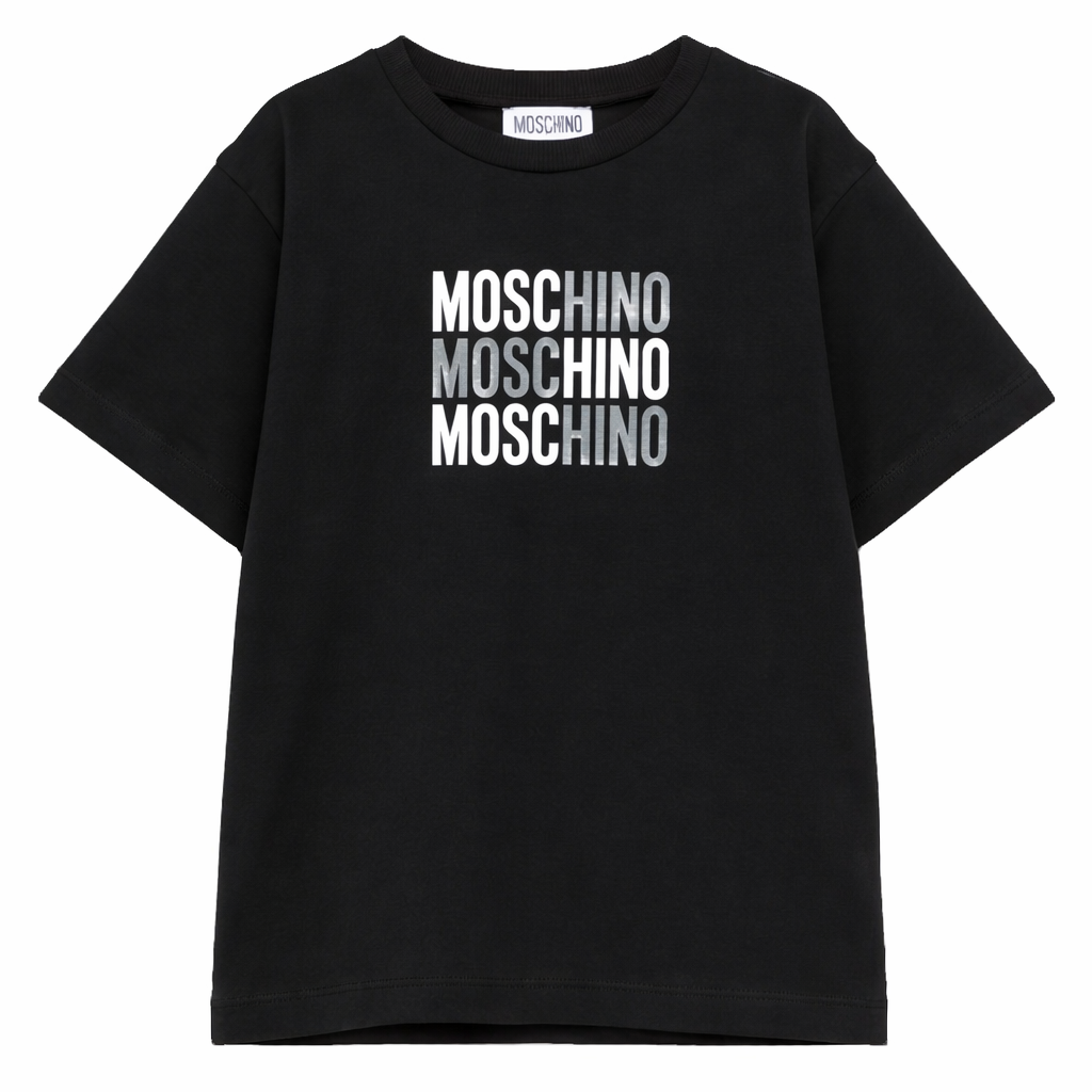 T-shirt per bambini Moschino Kids nera con logo sul davanti H5M05GLAA23 60100 MOSCHINO KIDS