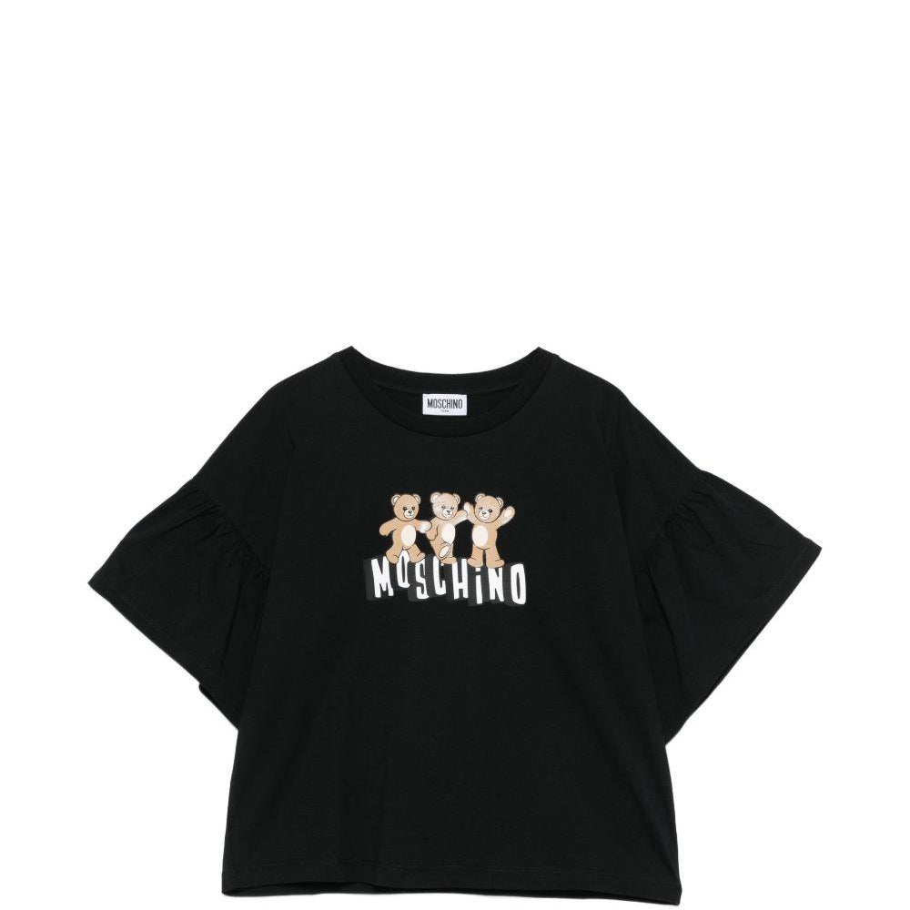 T-shirt per bambina Moschino Kids nera con dettaglio Teddy Bear HDM077LAA23 60100 MOSCHINO KIDS