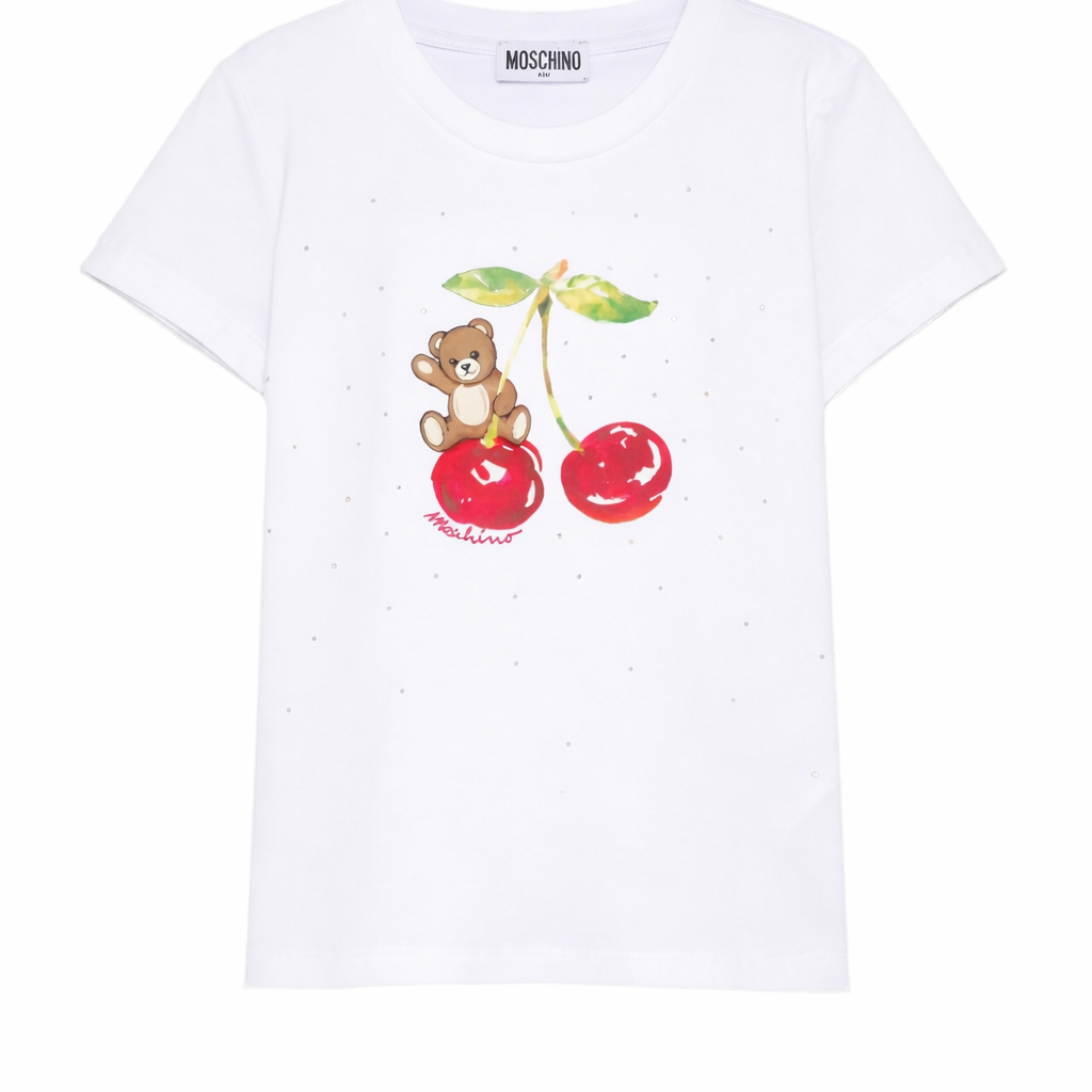 T-shirt per bambina Moschino Kids bianca con grafica ciliegia HFM06KLBA10 10101 MOSCHINO KIDS
