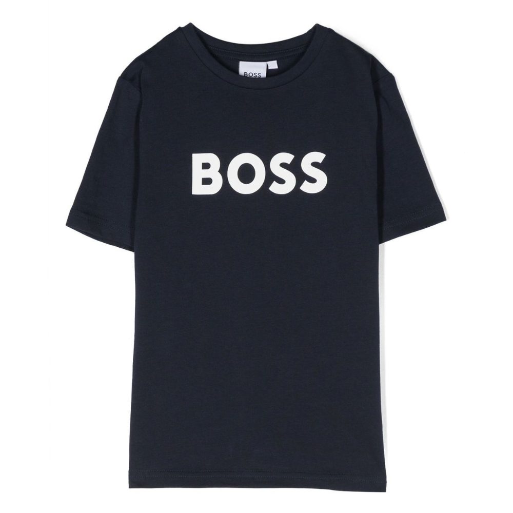T-shirt per bambino BOSS Kidswear blu con logo goffrato bianco J25P24 849 BOSS KIDS