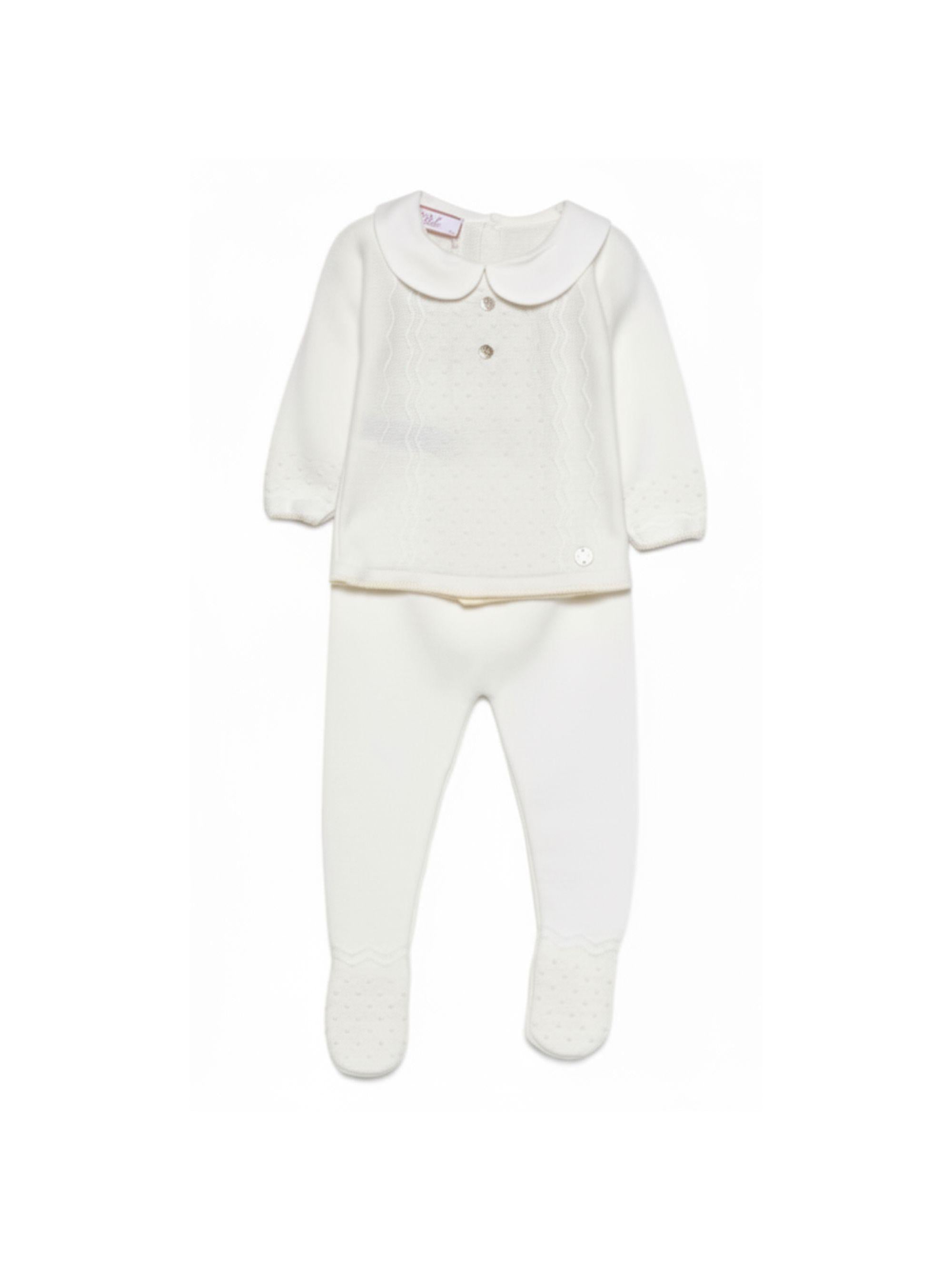 Completo maglioncino e pantaloni per neonati Paz Rodriguez bianco con colletto alla Peter Pan 103-123233 6062 PaZ RODRIGUEZ