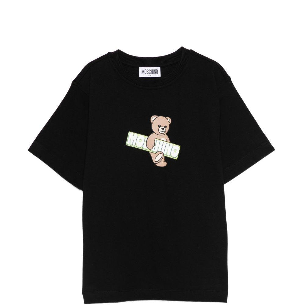 T-shirt per bambini Moschino Kids nera con stampa Teddy Bear sul davanti HYM03SLFA07 60100 MOSCHINO KIDS
