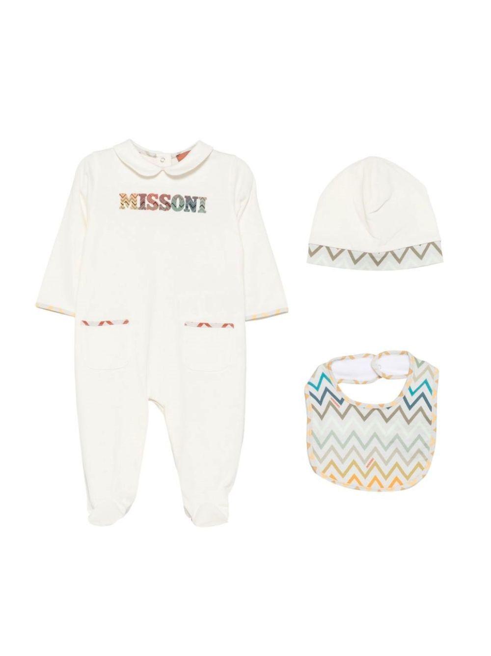 Set tutina, bavaglino e berretto per neonati Missoni Kids bianco con dettagli a zigzag MZB300 Z3672 102 MISSONI KIDS