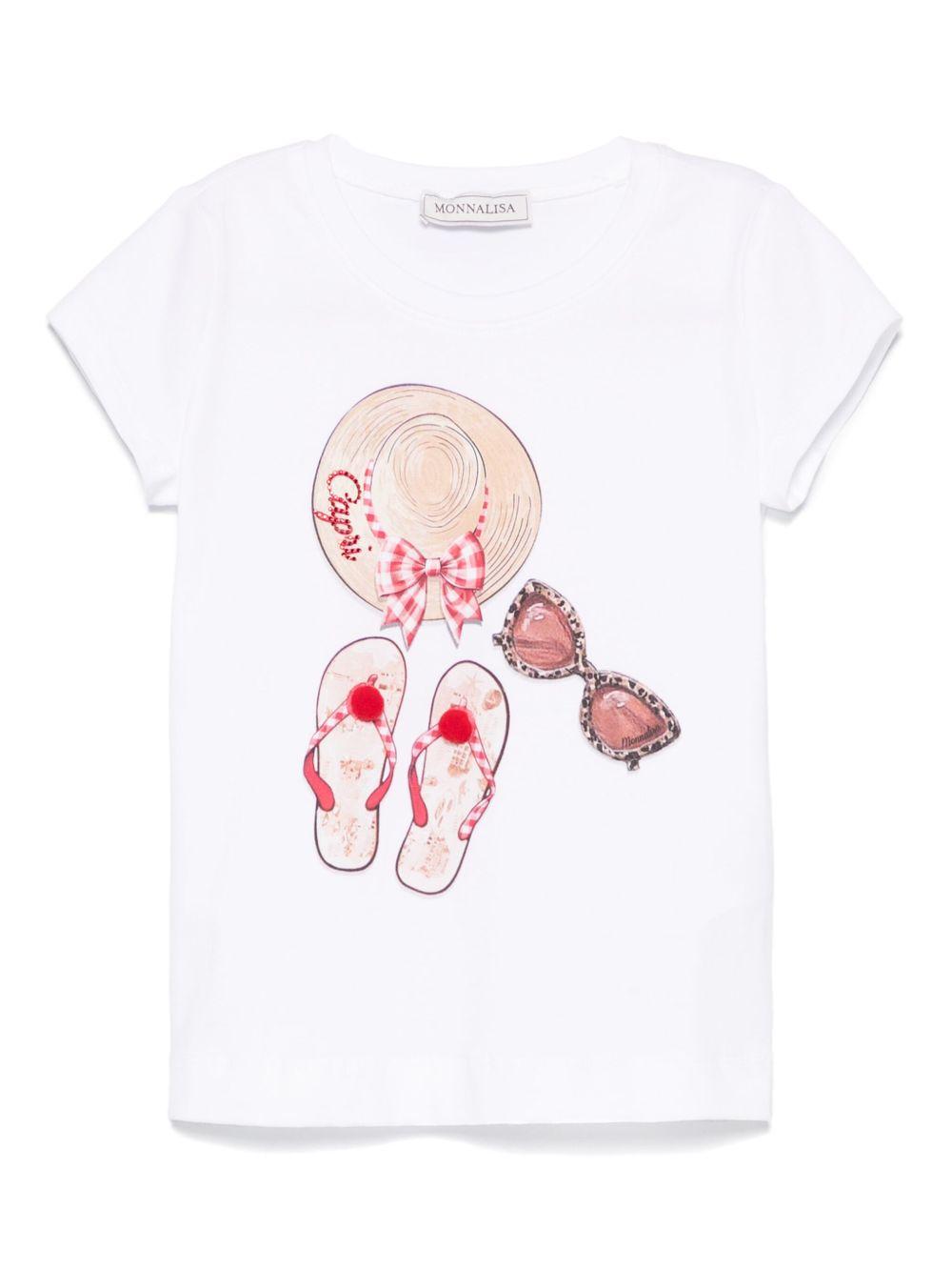 T-shirt con stampa Capri per bambina Monnalisa bianco con dettaglio pompon 11E623 5202 9944 MONNALISA