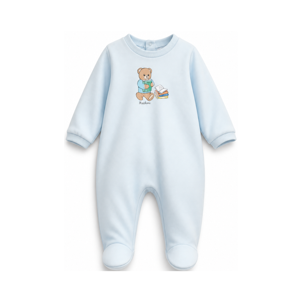 Tutina per neonato Moschino Kids azzurra con motivo Teddy Bear MUT04XLAA10 40304 MOSCHINO KIDS