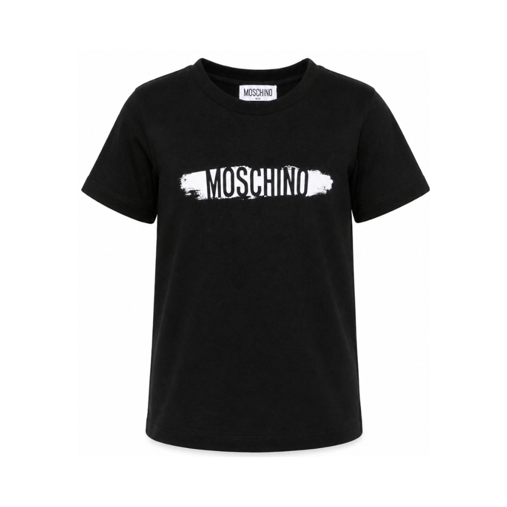 T-shirt per bambini Moschino Kids nera con stampa logo sul davanti H8M058LAA10 60100 MOSCHINO KIDS