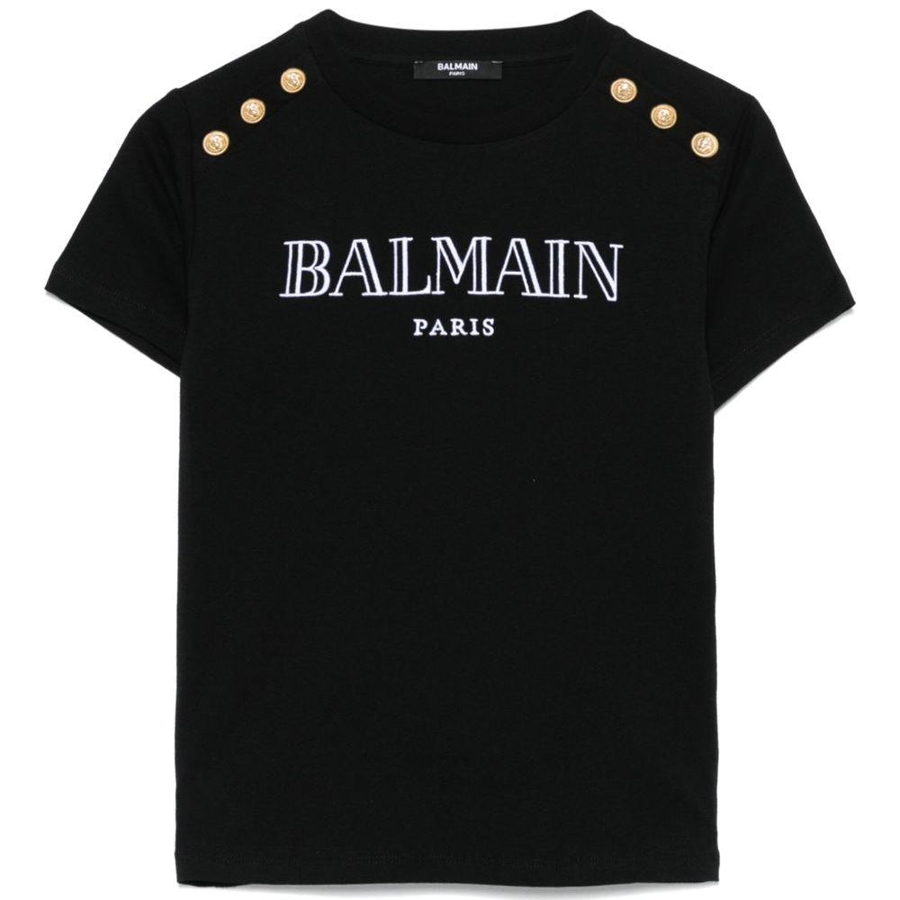 T-shirt con logo ricamato per bambina Balmain Kids nero con orlo dritto BW8A21 Z0116 930OR BALMAIN KIDS