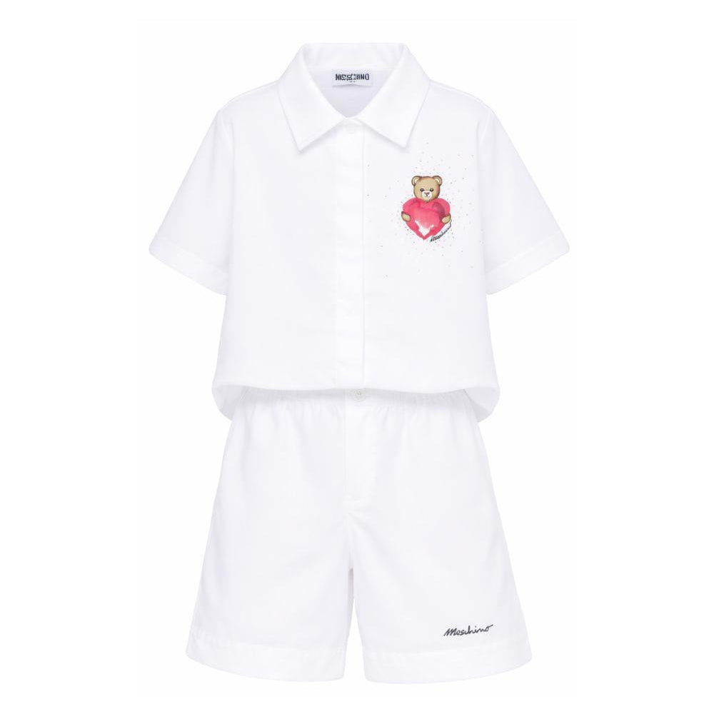 Set camicia e shorts per bambina Moschino Kids bianco con motivo Teddy Bear HDG01LLLA10 10101 MOSCHINO KIDS