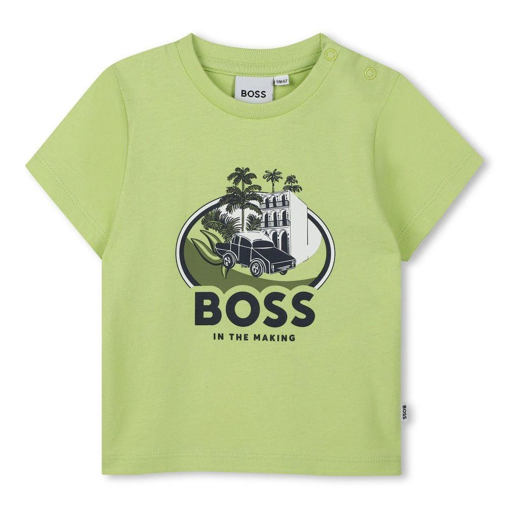 T-shirt con stampa per neonato BOSS Kidswear verde con scollo rotondo J52110 607 BOSS KIDS