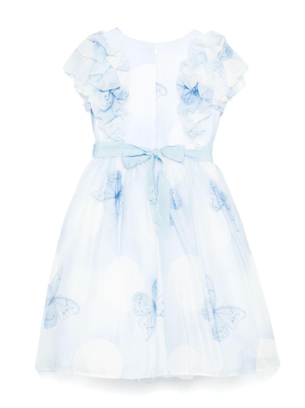Abito per bambina Monnalisa azzurro con stampa farfalla con dettagli con ruches 71E911 5621 0158 MONNALISA
