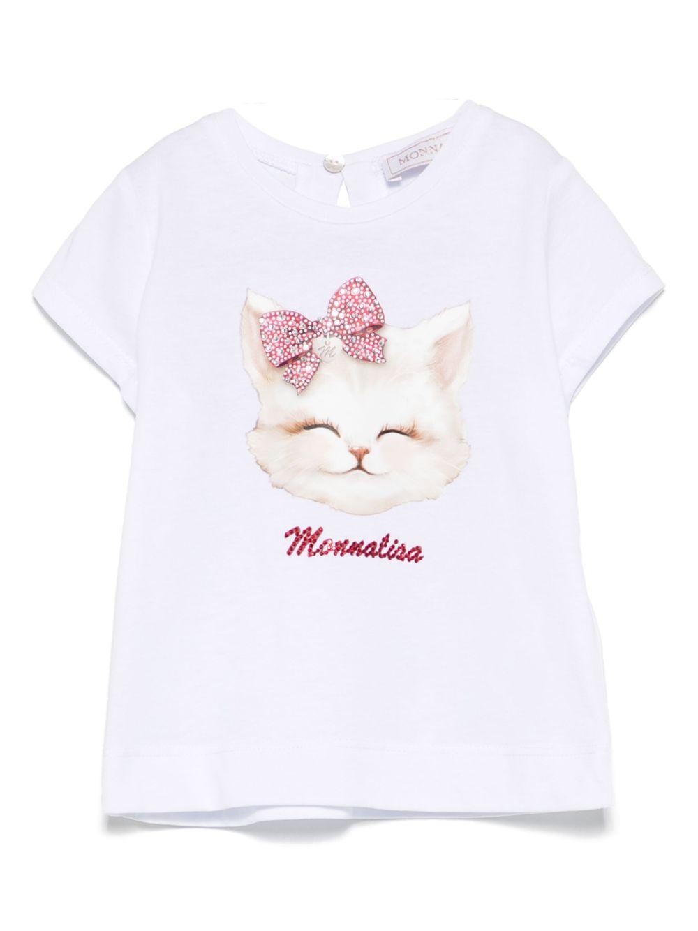 T-shirt per neonata Monnalisa bianco con stampa e decorazione con strass 39E608 5011 0099 MONNALISA