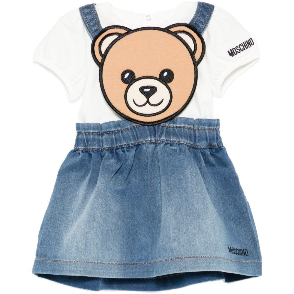 Set t-shirt e salopette per neonata Moschino Kids multicolor con stampa Teddy Bear sul davanti MDG01VLXE43 40332 MOSCHINO KIDS