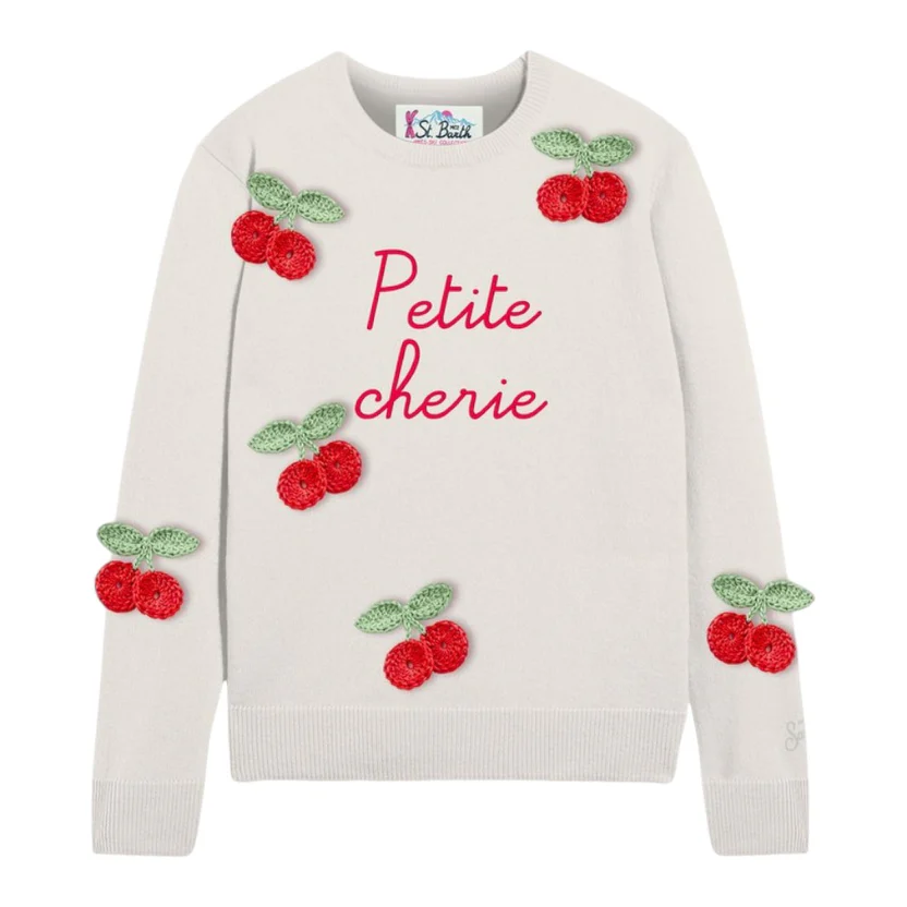Maglione per bambina MC2 Saint Barth Kids bianco con scritta centrale ricamata "Petite chérie" PRC0001 02380I MC2 ST. BARTH KIDS
