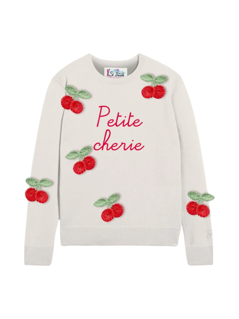 Maglione per bambina MC2 Saint Barth Kids bianco con scritta centrale ricamata "Petite chérie" PRC0001 02380I MC2 ST. BARTH KIDS