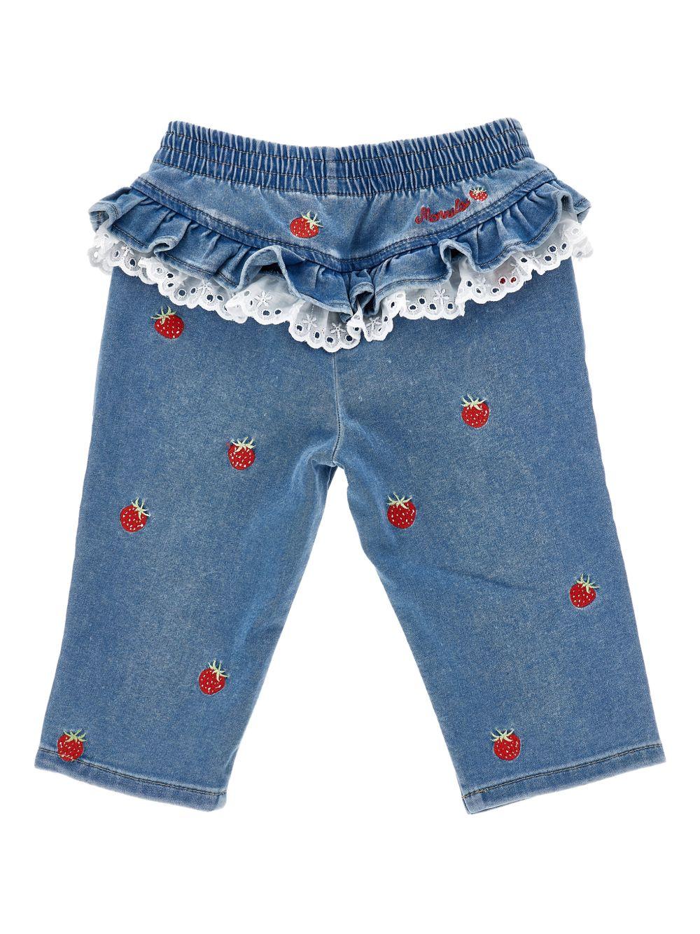 Jeans per neonata Monnalisa denim con ricamo fragole all - over - Rubino Kids