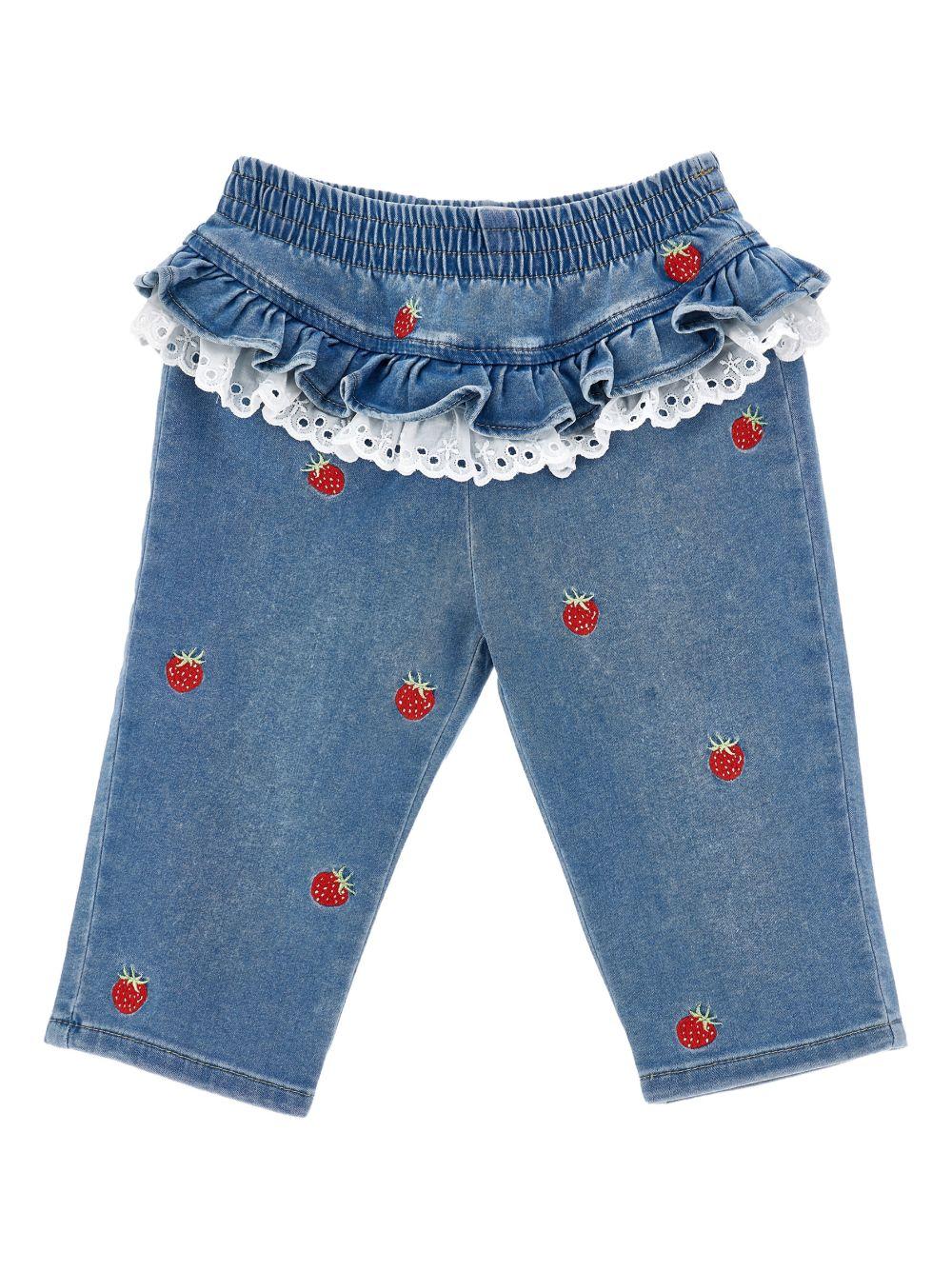 Jeans per neonata Monnalisa denim con ricamo fragole all - over - Rubino Kids