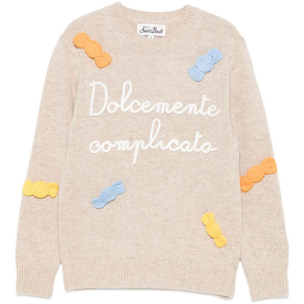 Maglione per bambina MC2 Saint Barth Kids beige con scritta ricamata sul davanti "Dolcemente complicata" - Rubino Kids