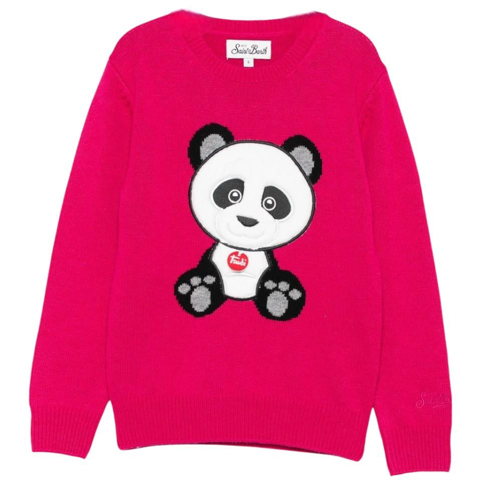 Maglione per bambina MC2 Saint Barth Kids x Trudi fucsia con Panda ricamato sul davanti - Rubino Kids