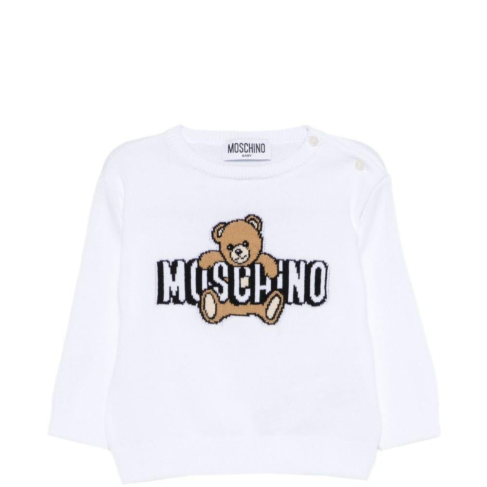 Maglione per neonati Moschino Kids bianca con logo ricamato sul davanti - Rubino Kids