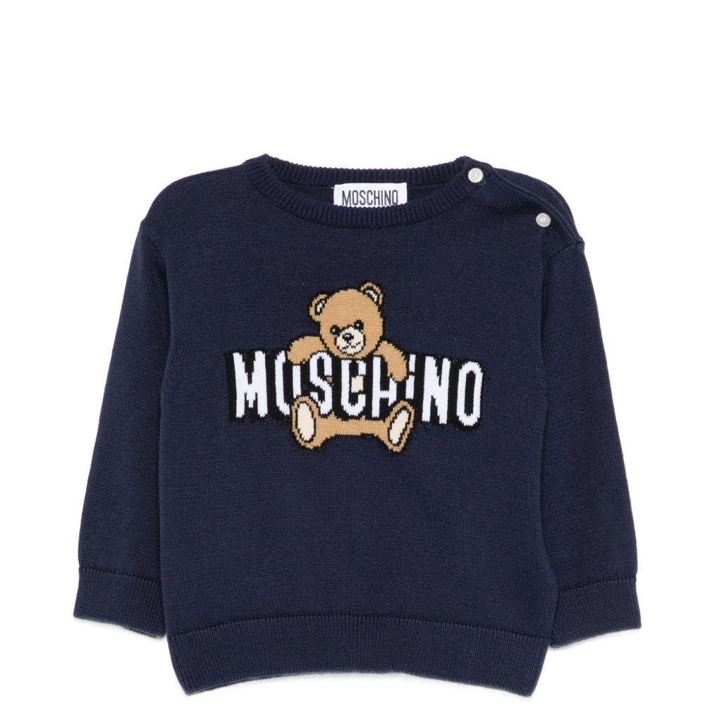 Maglione per neonato Moschino Kids blu con Teddy ricamato sul davanti - Rubino Kids