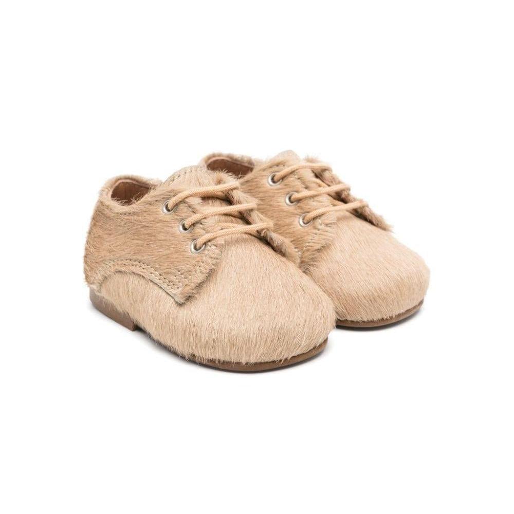 Scarpe primi passi per neonato Eli1957 beige in pelliccia con lacci - Rubino Kids