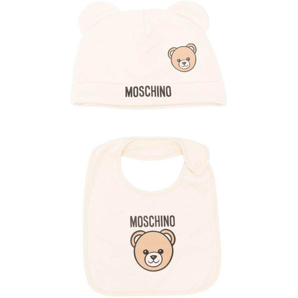 Set berretto e bavaglino per neonati Moschino Kids beige con stampa Teddy Bear - Rubino Kids