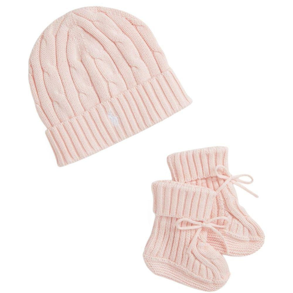 Set berretto e stivali per neonata Polo Ralph Lauren Kids rosa con maglia intrecciata - Rubino Kids