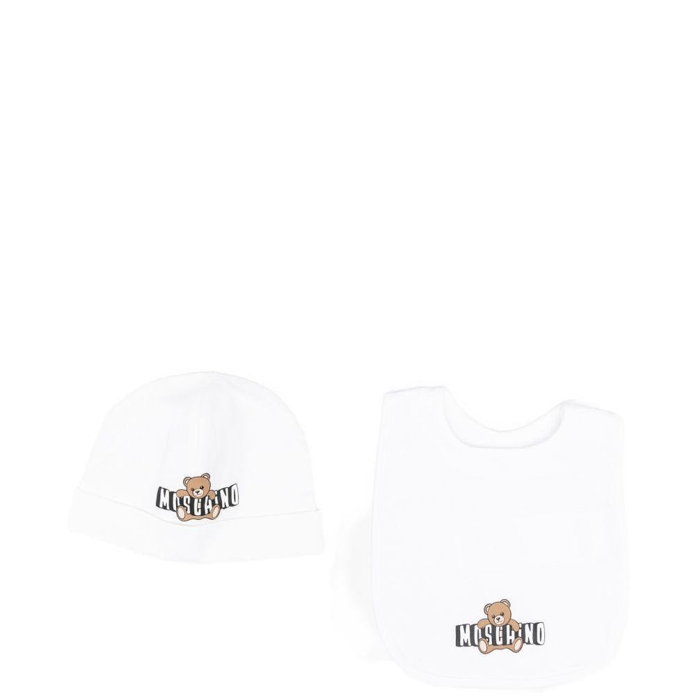 Set cappellino e bavaglino per neonati Moschino Kids bianco con logo sul davanti - Rubino Kids