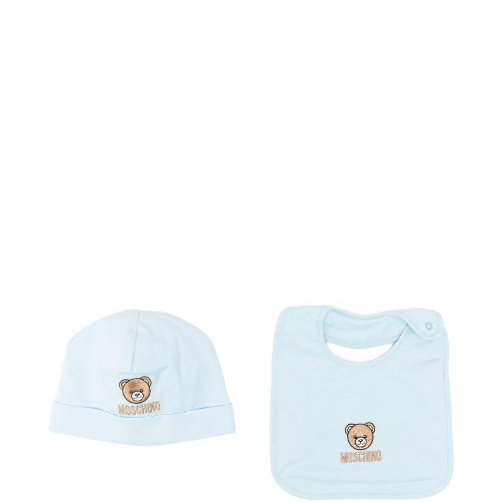 Set cappello e bavaglino per neonato Moschino Kids azzurro con ricamo Teddy Bear - Rubino Kids