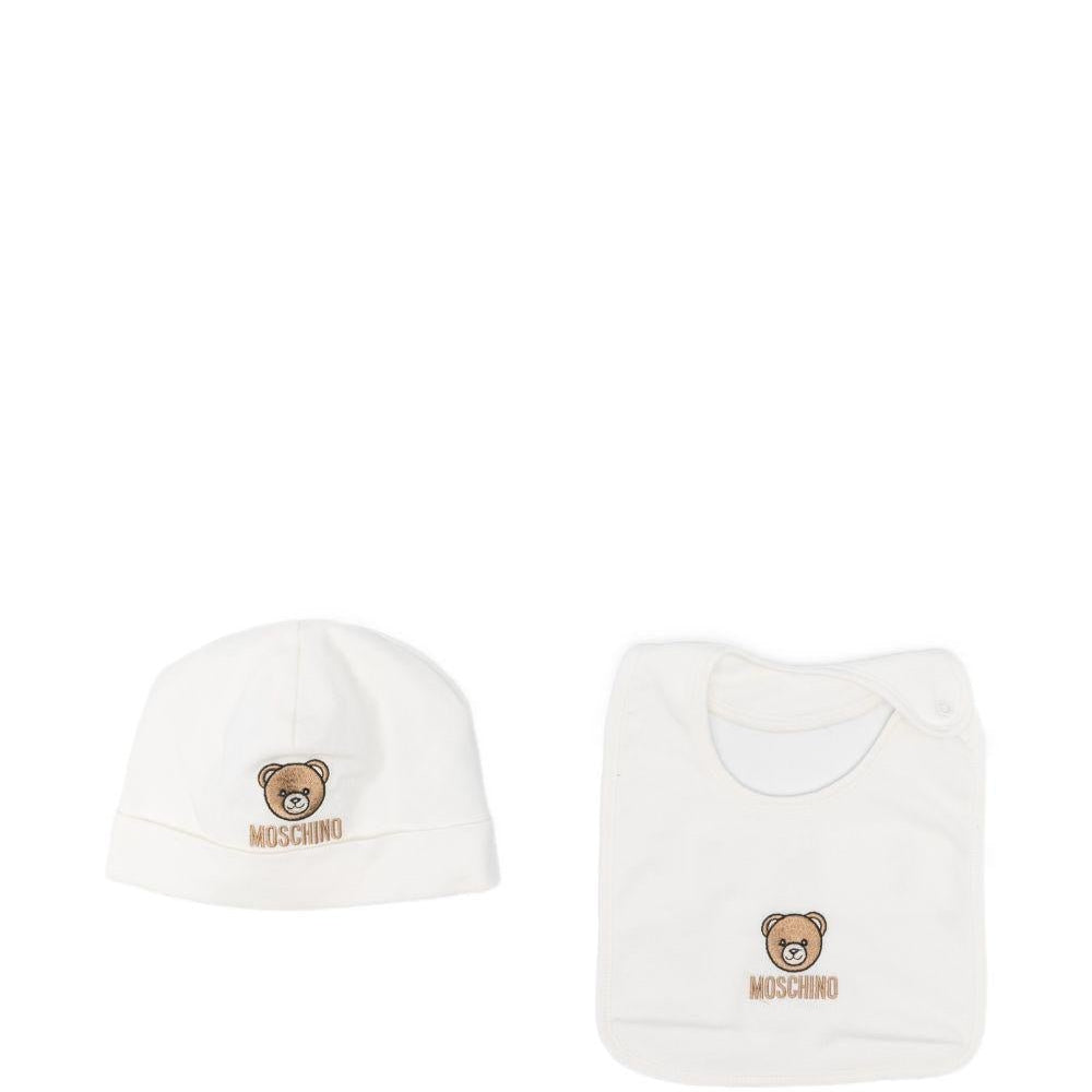 Set cappello e bavaglino per neonato Moschino Kids bianco con ricamo Teddy Bear - Rubino Kids