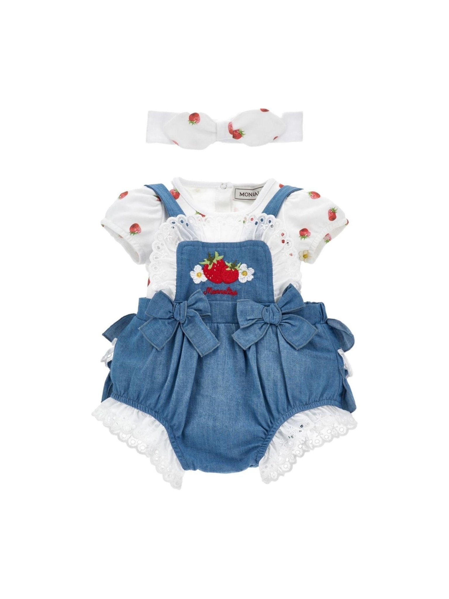 Set salopette, fascia e body per neonata Monnalisa bianco e in denim con ricamo - Rubino Kids