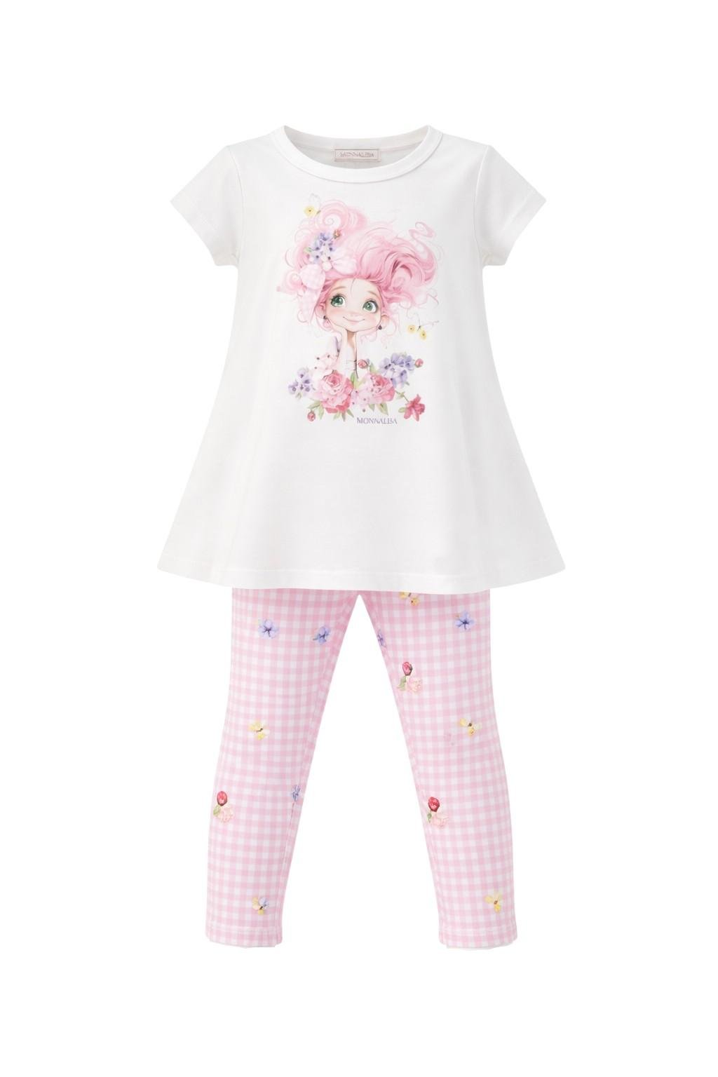 Set t-shirt e pantaloni per bambina Monnalisa Gingham a fiori - Rubino Kids