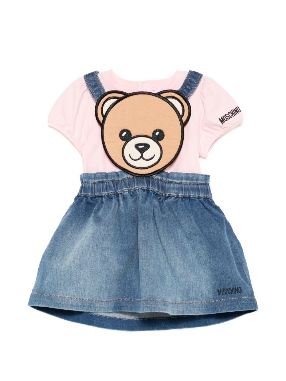 Set t-shirt e salopette per neonata Moschino Kids multicolore con stampa Teddy Bear sul davanti - Rubino Kids