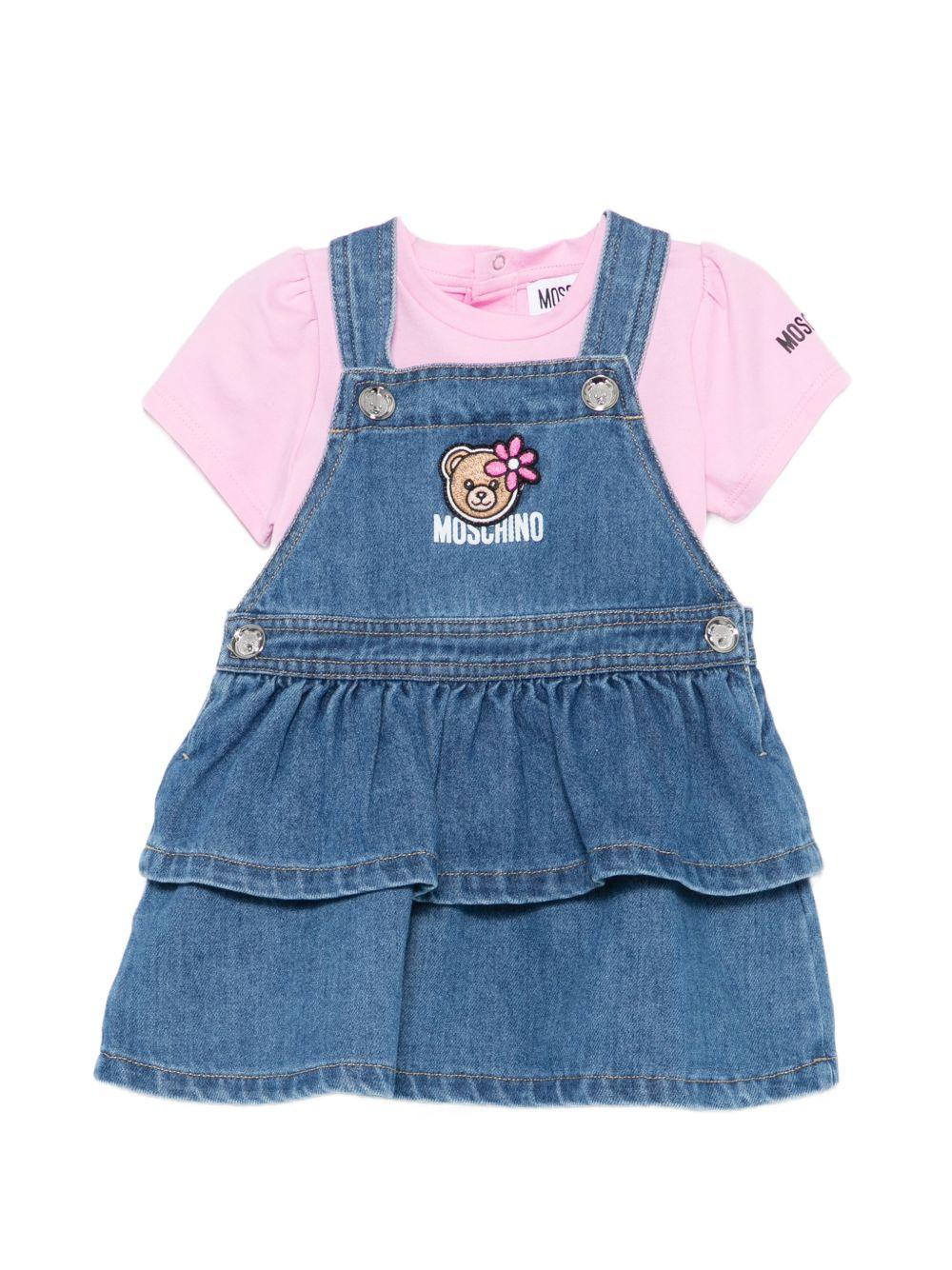 Set t-shirt e salopette per neonata Moschino Kids multicolore con Teddy ricamato sul davanti - Rubino Kids