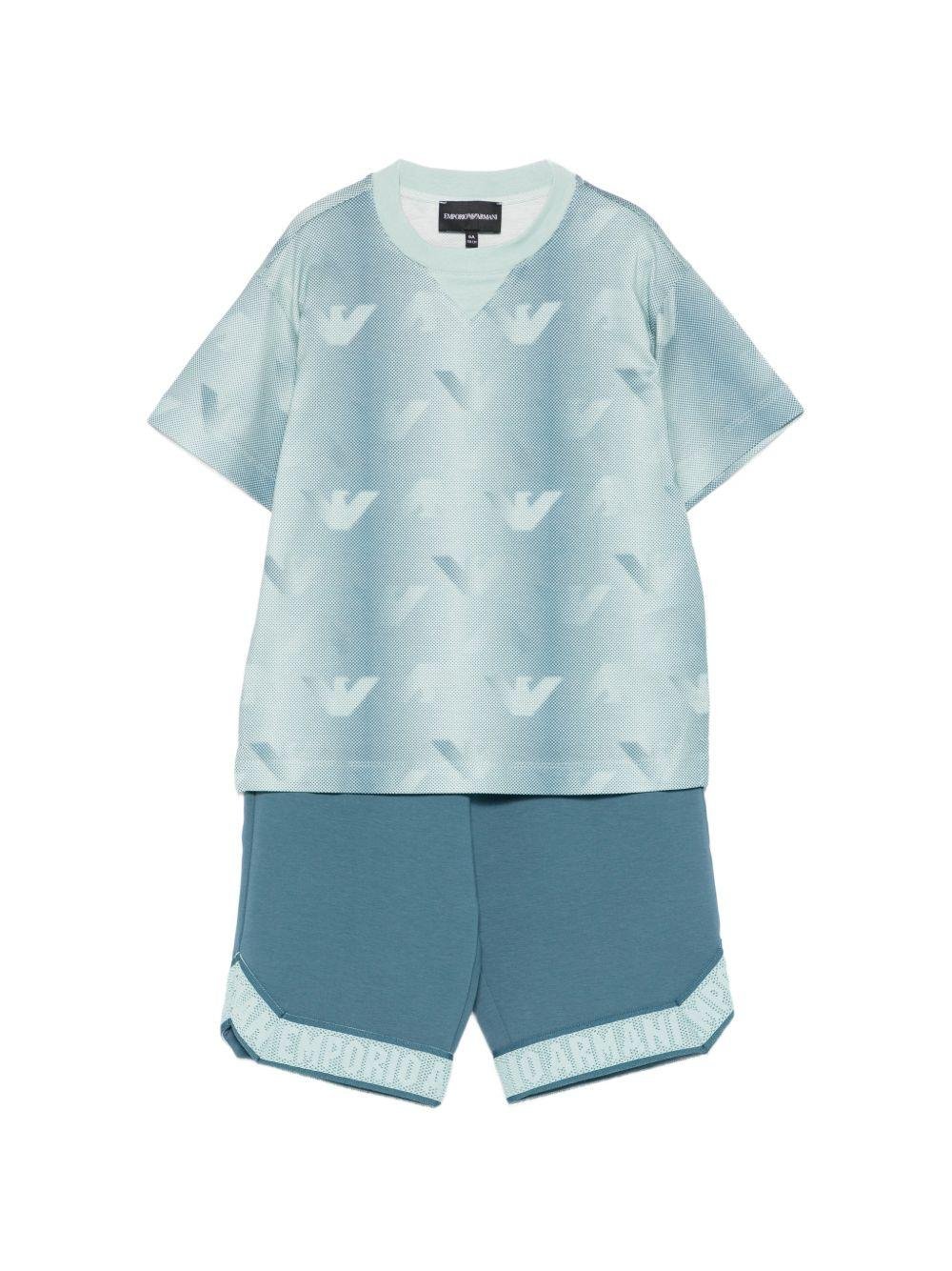 Set t-shirt e short per bambino Emporio Armani Kids blu con stampa aquila all - over - Rubino Kids