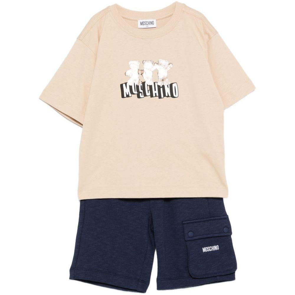 Set t-shirt e shorts per bambino Moschino Kids beige e blu con tasche cargo - Rubino Kids