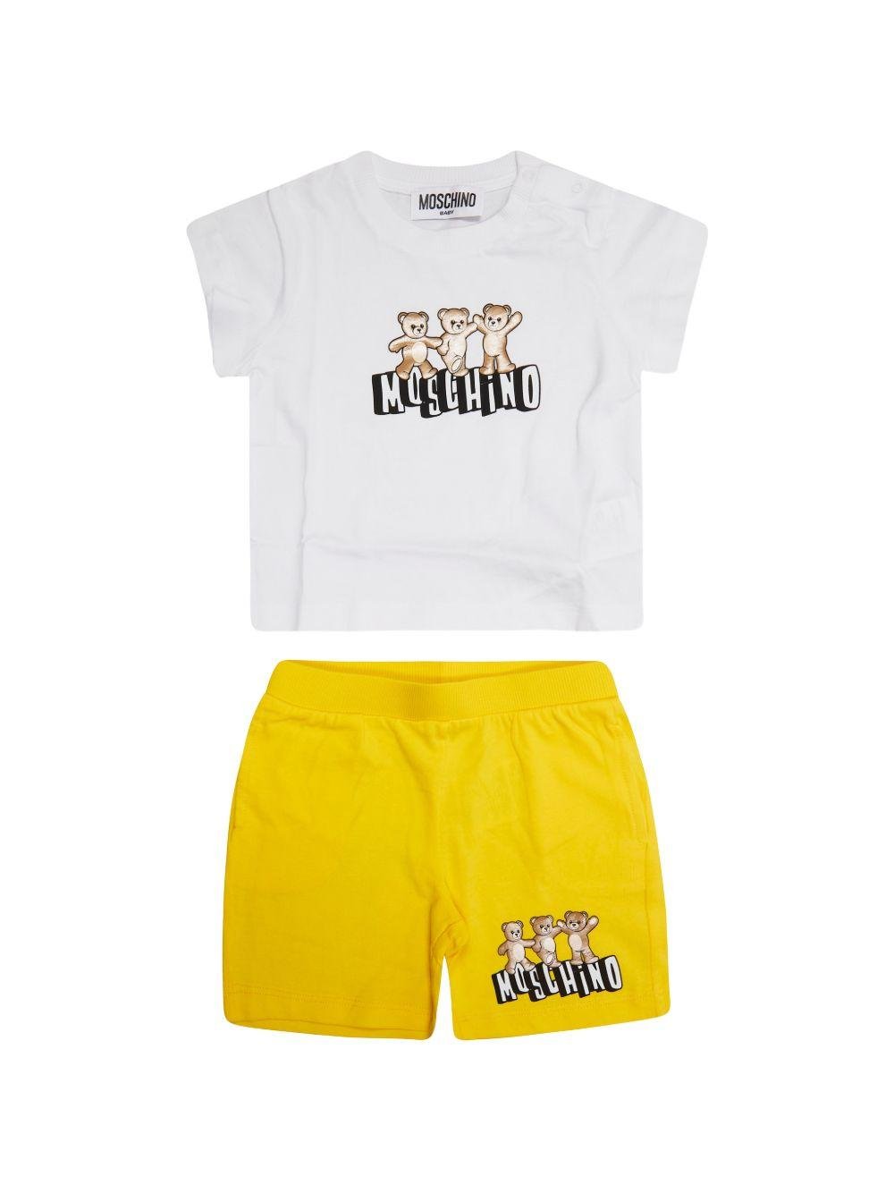 Set t-shirt e shorts per neonato Moschino Kids bianco e giallo con stampa Teddy Bear - Rubino Kids