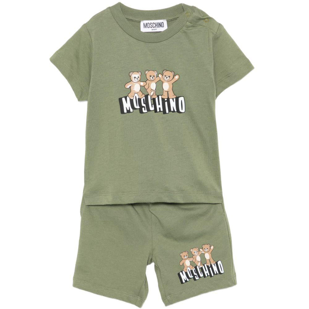Set t-shirt e shorts per neonato Moschino Kids verde con stampa Teddy - Rubino Kids