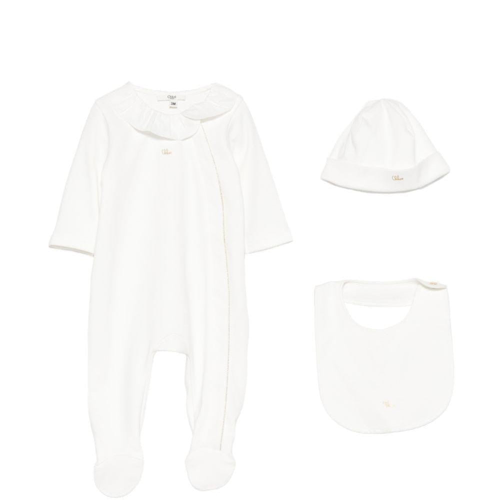 Set tutina, bavaglino e cappellino per neonata Chloé Kids bianco con colletto arricciato - Rubino Kids