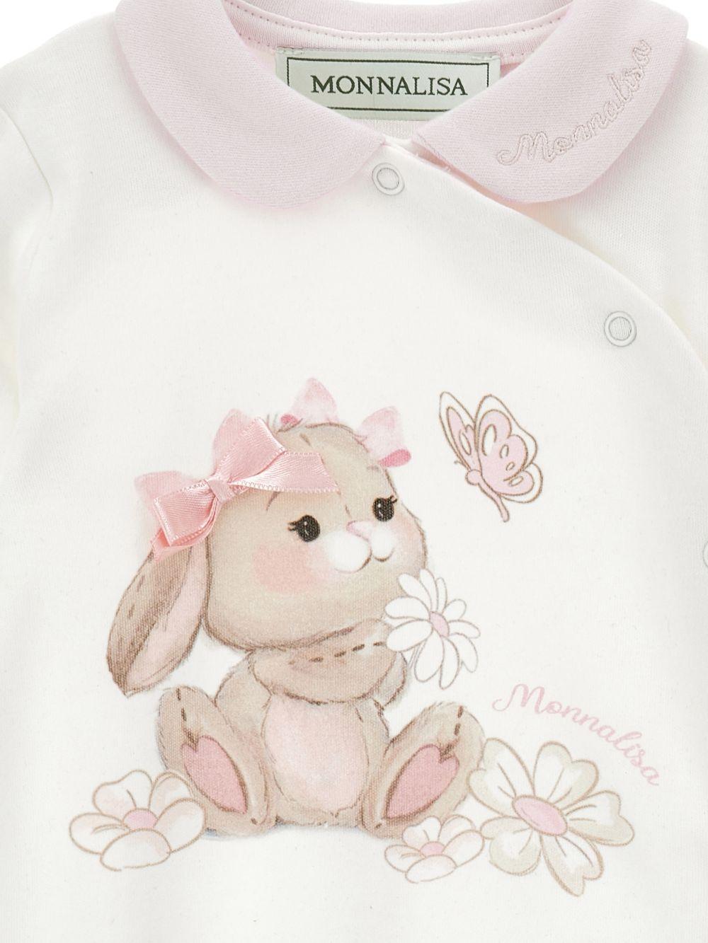 Set tutina bavaglino e cappellino per neonata Monnalisa bianco con stampa coniglietta - Rubino Kids