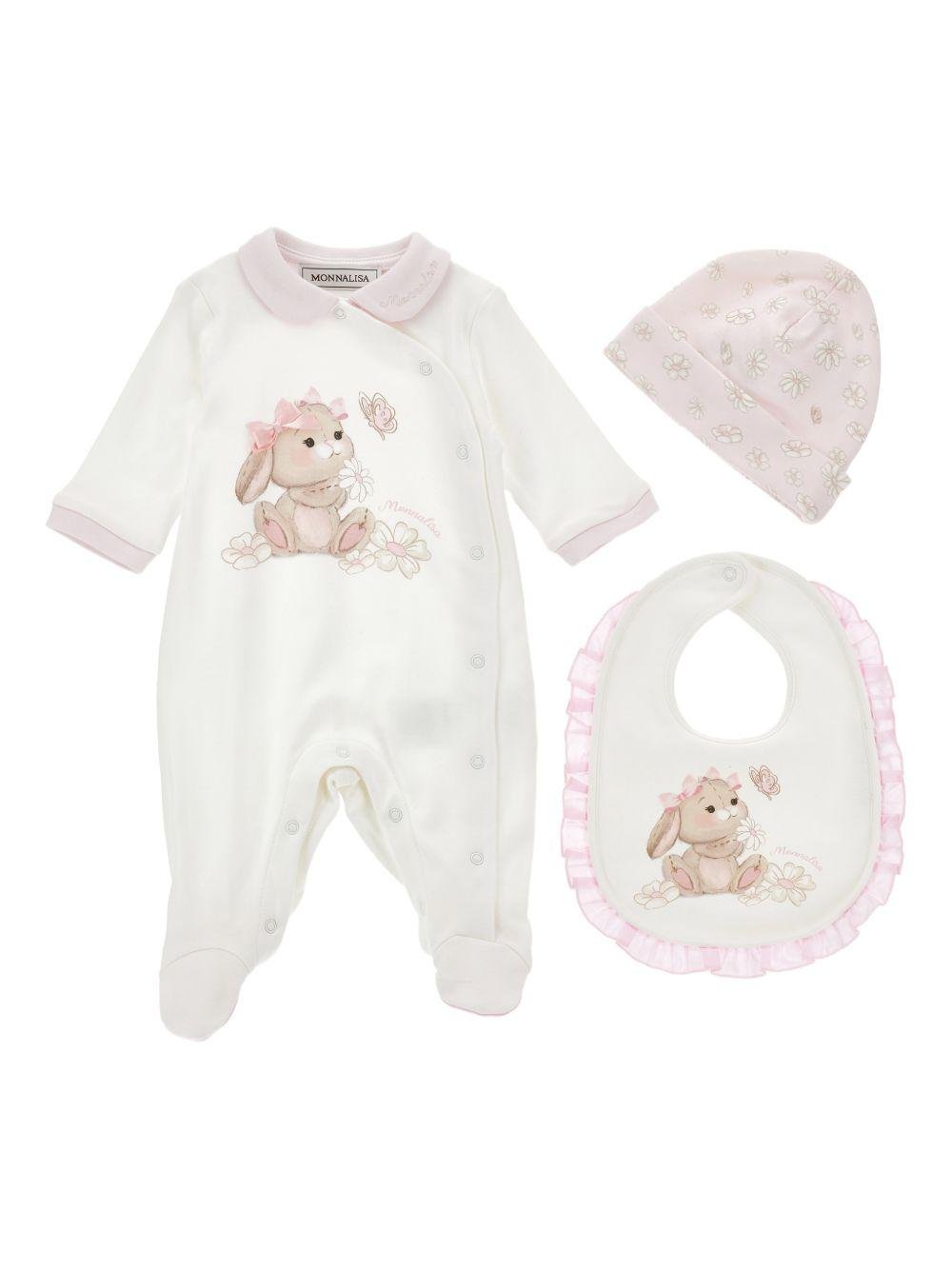 Set tutina bavaglino e cappellino per neonata Monnalisa bianco con stampa coniglietta - Rubino Kids