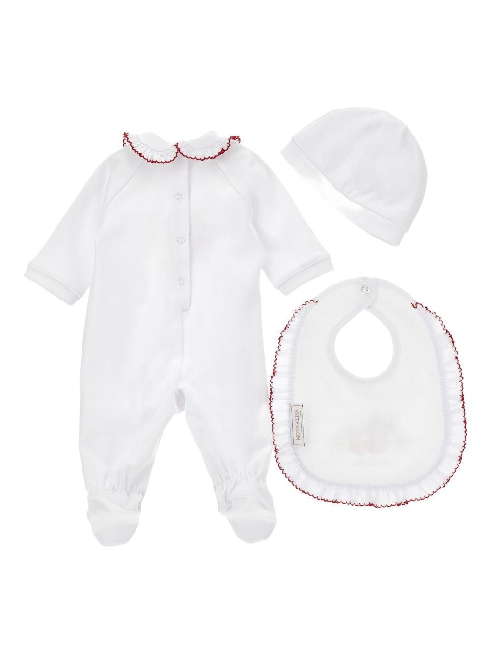 Set tutina bavaglino e cappellino per neonata Monnalisa bianco con stampa fragola - Rubino Kids