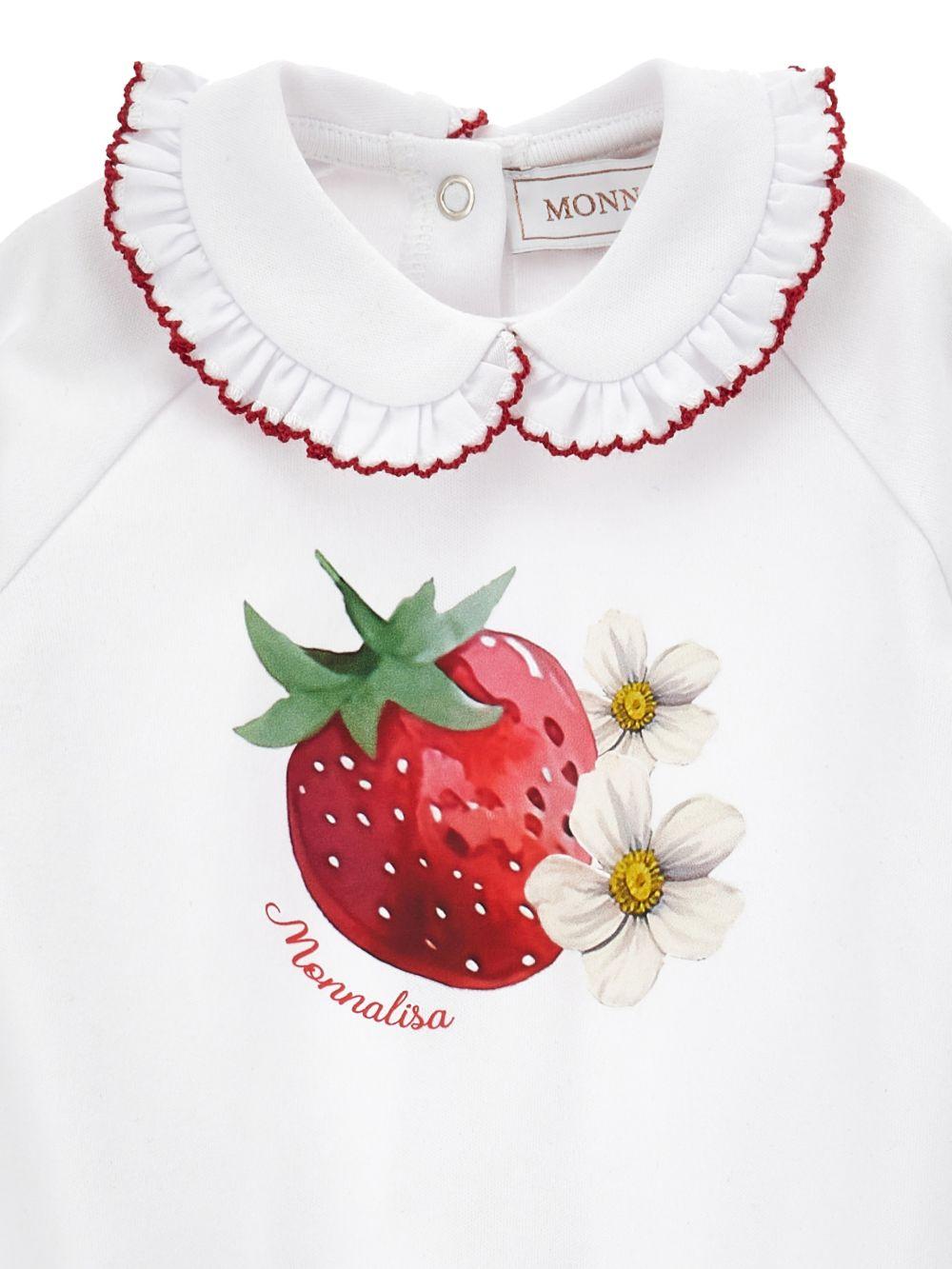 Set tutina bavaglino e cappellino per neonata Monnalisa bianco con stampa fragola - Rubino Kids