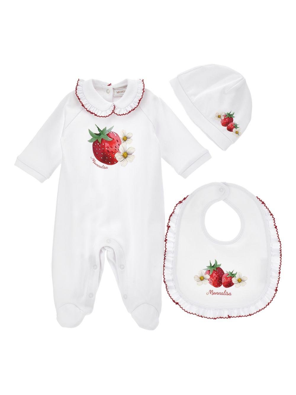 Set tutina bavaglino e cappellino per neonata Monnalisa bianco con stampa fragola - Rubino Kids