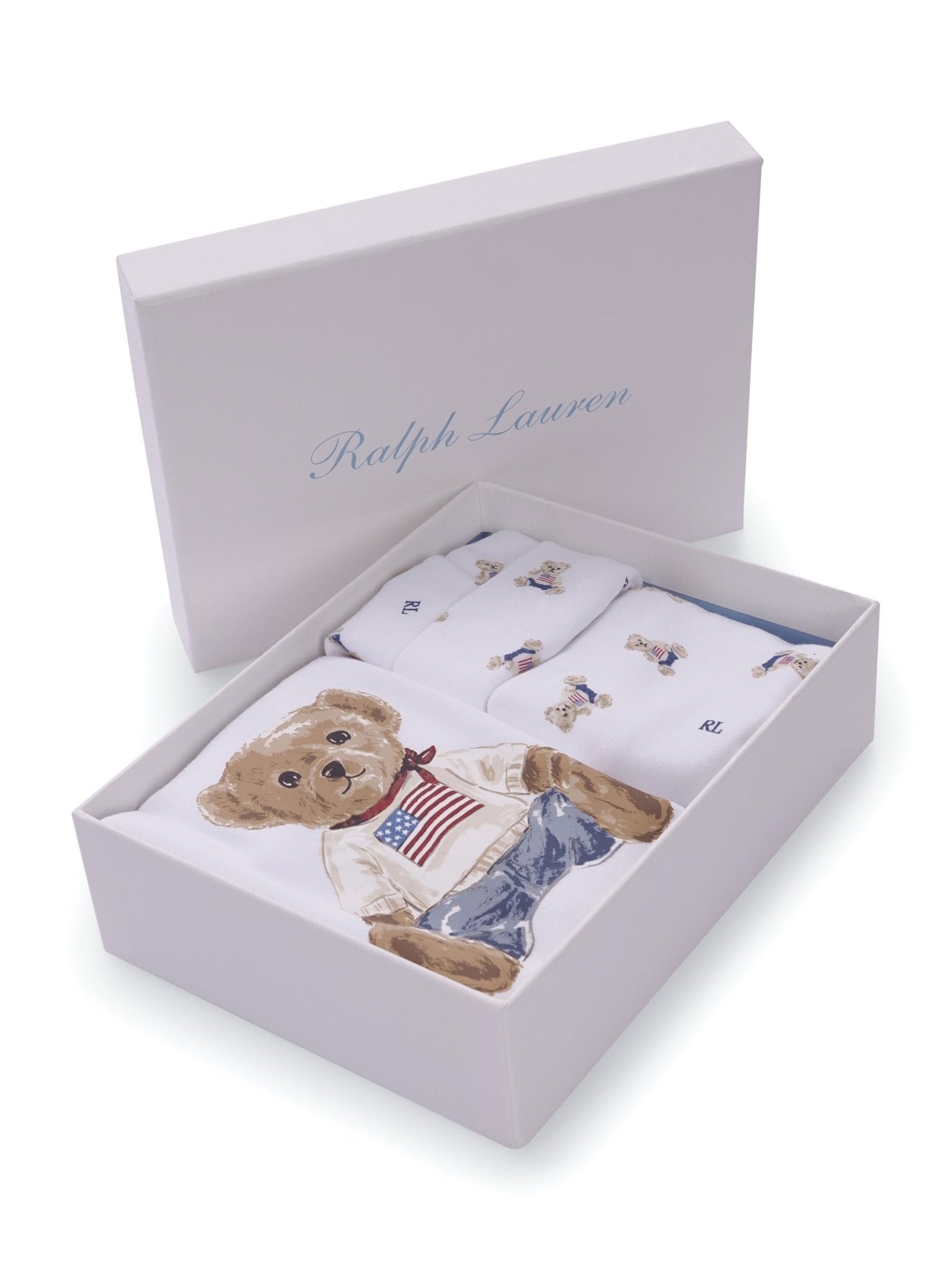 Set tutina bavaglino e cappellino per neonato Polo Ralph Lauren Kids bianco con stampa Teddy Bear - Rubino Kids