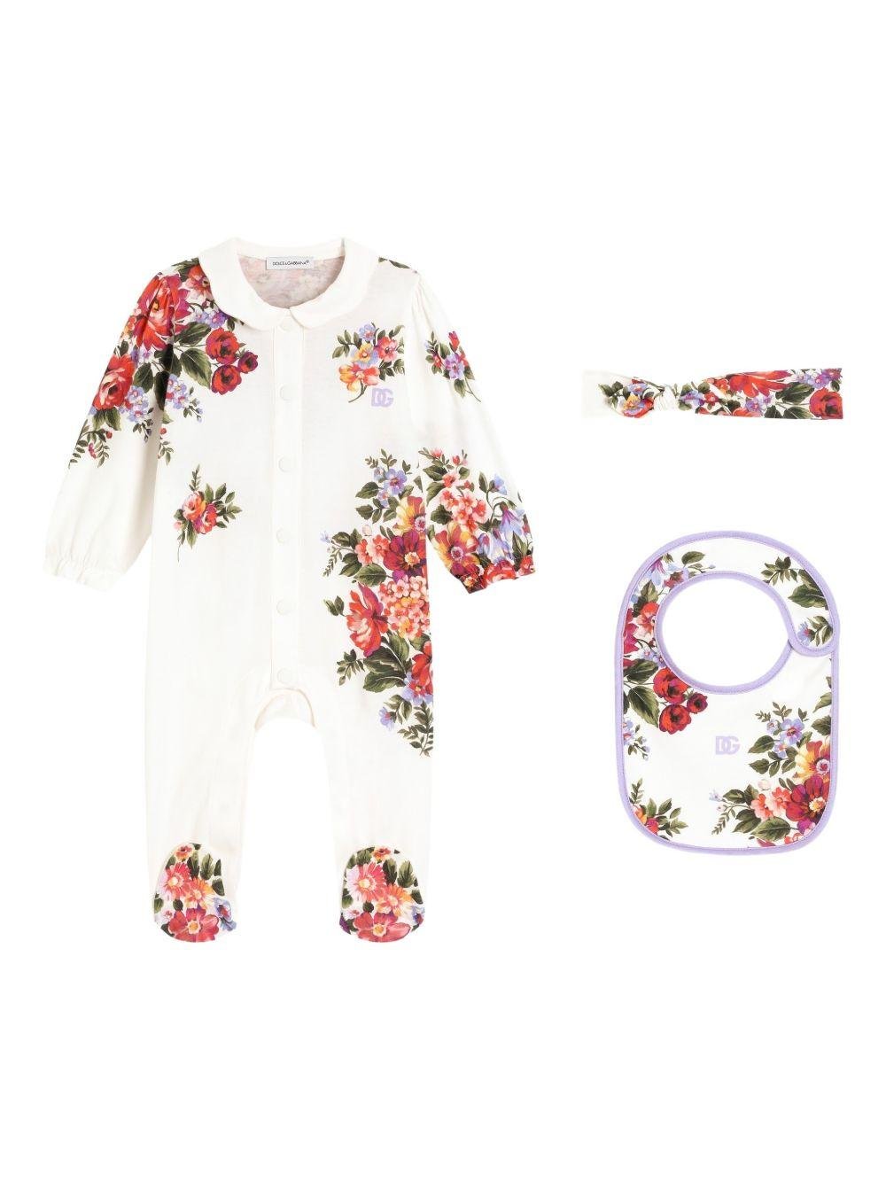 Set tutina, bavaglino e fascia per capelli per neonata Dolce & Gabbana Kids bianco con stampa a fiori - Rubino Kids