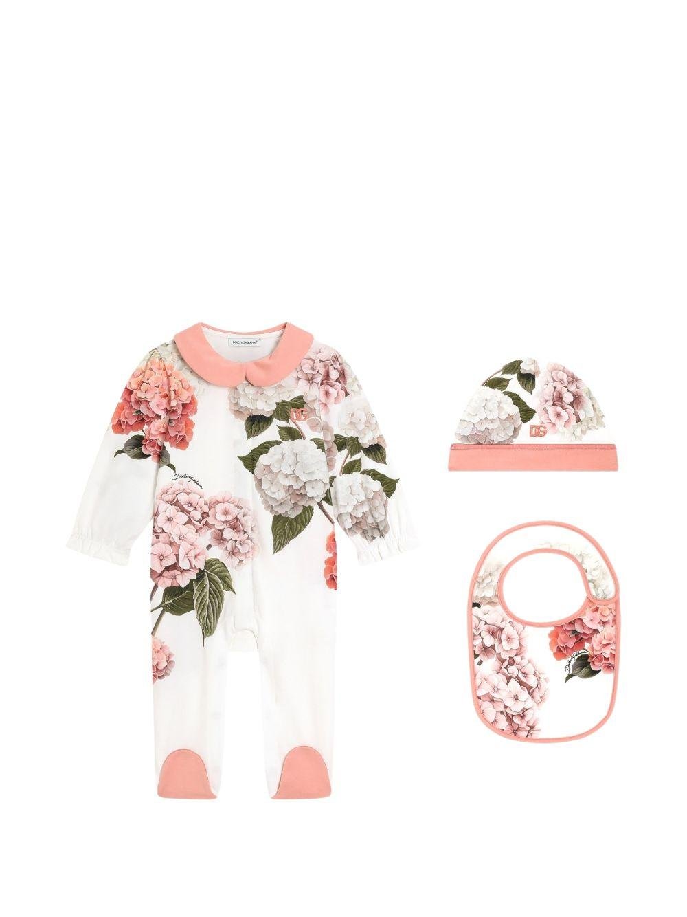 Set tutina, cappellino e bavaglino per neonata Dolce & Gabbana Kids bianco con stampa a fiori - Rubino Kids