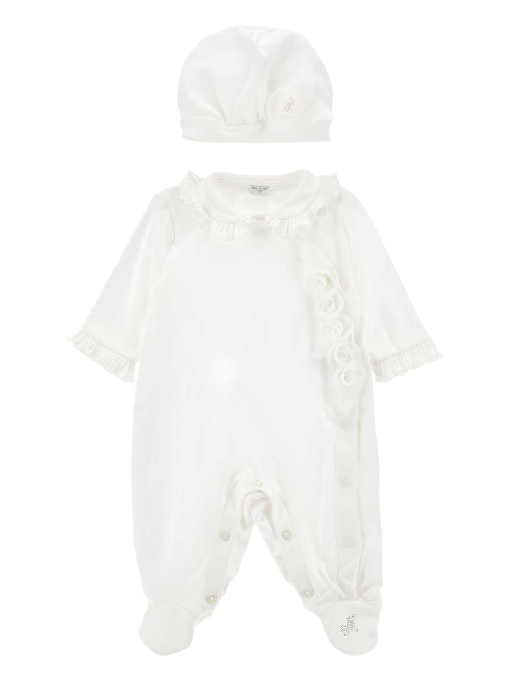 Set tutina e cappello per neonata Monnalisa bianco con dettagli fiori - Rubino Kids