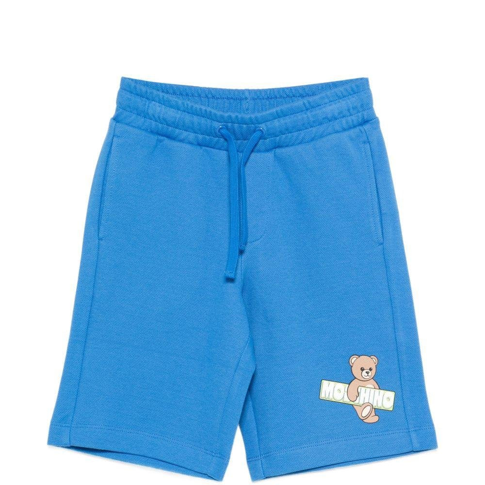 Shorts per bambino Moschino Kids azzurri con logo sul davanti - Rubino Kids